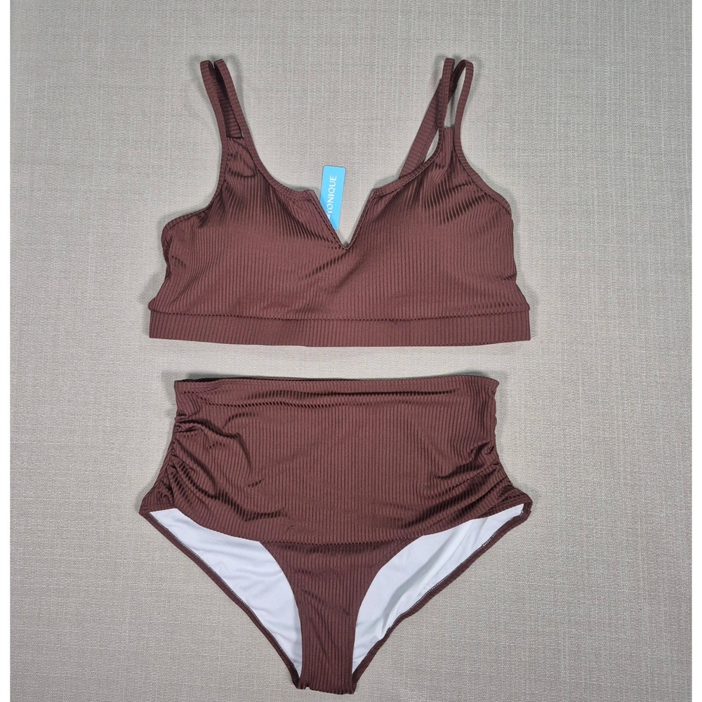 Yonique Brown Ribbed High Waisted Bikini Set Tummy Control Swimsuit 22W NWT